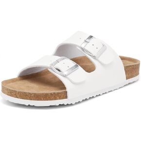 Genuine Leather Unisex Cork Footed Flat Slide Sandals with Arch Support, Men and Women’s Double Buckle Memory Foam Slide for Beach Summer Vacation