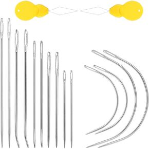 TIESOME Heavy Duty Hand Sewing Needles Kit, 14 PCS 7 Styles Silver Leather Sewing Needles with Hand Sewing Needle Curved Needle 2 Needle Threaders for Home Upholstery Carpet Leather Canvas Repair