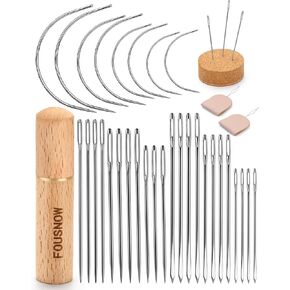 Fousnow 36 PCS مجموعة إبر خياطة شديدة التحمل ، إبر خياطة منحنية للخياطة اليدوية ، إبر الخياطة الجلدية مع وسادة إبر الخياطة الخشبية ، علبة إبرة لإصلاح تنجيد الجلد خياطة
