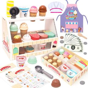 Wooden Ice Cream Toys for Toddlers 3-5 Kids Play Store Pretend Food Kitchen Accessories with Scoop & Menu & Toy Cash, Wooden Ice Cream Counter Shop Playset for 3 4 5 Year Old Birthday