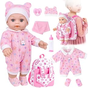 12" Baby Doll in Gift Box with Pink Backpack, Cloths, Feeding Bottle and Pacifier, First Baby Dolls for Toddlers 3 Years and Up