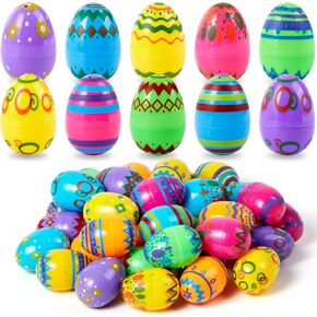 JOYIN 36PCS 2.3" Printed Empty Colorful Plastic Eggs Fillable, Bright Plastic Eggs Bulks for Festival Hunt, Filling Treats, Party Favor, Basket Stuffers, Classroom Prize Supplies
