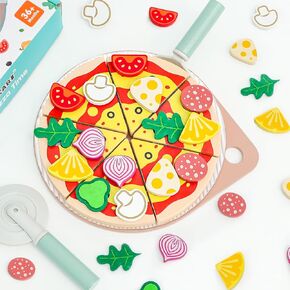 Wooden Pizza Toy Cutting Play Food，25Pcs Pizza Toys for Kids Ages 3-5，Kids Pizza Playset Pretend Play Kitchen Accessories，Play Pizza Set for Kids Wood Cooking Toys Birthday