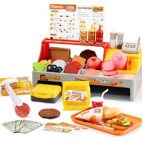 Play Kitchen Food Toy - 40 PCS Toss ‘n Toast Sandwich Making Set with Magic Slicer, Menu Guide and Panini Toy - Interactive Order & Takeout & Checkout Fun for Girls Boys Toddlers
