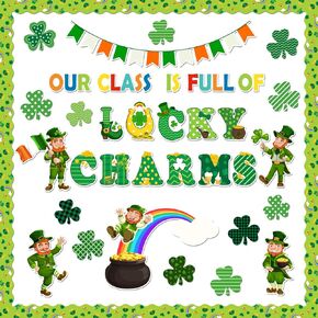 St Patricks Day Bulletin Board Decorations Set Our Class is Full of Lucky Charms Cutouts Lucky Shamrocks Gnomes Coins Bulletin Board Border for School Classroom Chalkboard Home Wall Door