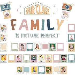 52 Pcs Boho Bulletin Board Decor for Classroom, Our Class is a Family Picture Frame Bulletin Board Set for Teachers Chalkboard School Home Door Decor