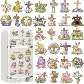 Tellegloww 30 Pcs Easter Diamond Painting Magnets He is Risen Diamond Art Magnet Kits for Adults Corss Refrigerator Magnetic Sticker Egg Bunny Rhinestone Fridge Sticker for DIY Crafts Easter Decor