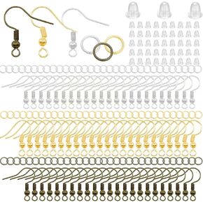 Hypoallergenic Earring Hooks, 900 Pcs Earring Making Supplies Kit Jump Rings and Clear Rubber Earring Backs for DIY Jewelry Making(Silver, Gold, Bronze)