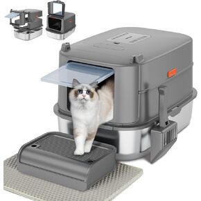 Enclosed Stainless Steel Litter Box with Lid for Big Cats/Kittens, XL Large Removable Cat Litter pan with Scoop, Mat, Stairs, carbon cartridge, Odorless, Non-Sticky, Easy Cleaning (Dark Grey)