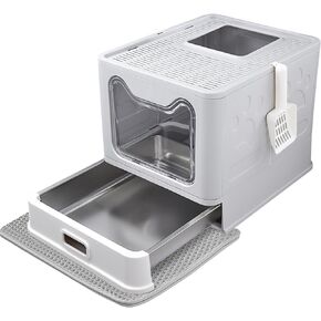 Enclosed Cat Litter Box with Lid Top Exit Covered Metal Stainless Steel Litter Box Leak Proof & Odorless Easy to Clean Including Cat Litter Scoop and Cat Litter Mat