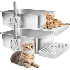 SZEE 2 Pack Stainless Steel Litter Box, Cat Litter Box Easy to Clean and NO Absorb Odor, Large Litter Box with Trapping Box & Litter Scoop