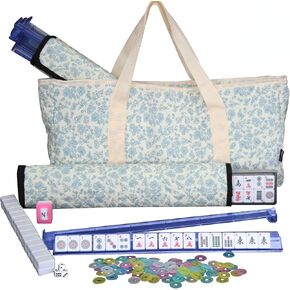 Mahjong Tile Set, American Mah Jongg Set with Floral Quilted Carrying Bag, 166 White Tiles, 4 All-in-one Mahjong Racks and Pushers, Dice etc Accessories for Beginners (Floral)