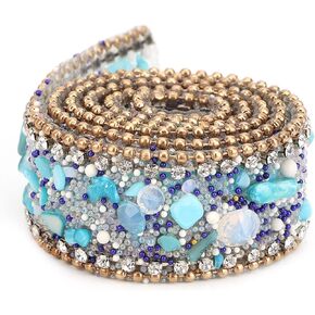 2.5cm DIY Mesh Wrap Roll Crystal Rhinestones Chain Trim Ribbon for Wedding Party Centerpiece Vase Sparkling Decoration (Blue Stone + Gold Bead Chain)