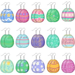 15 Pcs Easter wooden Earring spring Easter Egg Drop Dangle Funny Wooden Easter Egg Shape Earrings Colorful Easter Earrings Spring Holiday Jewelry Gift for Women Festive Party Supplies