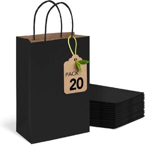 MESHA Gift Bags Black Paper Bags 5.25x3.75x8 Inches 20pcs Small Paper Bags with Handles Bulk,Black Kraft Bags,Grocery Shopping Bags,Wedding Party Favor Bags