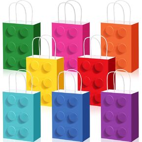 Sabary 48 Pieces Building Block Party Favor Gift Bags, 8 colors Bricks Candy Treat Paper Bags, Building Block Gift Goodie Bags with Handle for Birthday Party Baby Shower Decoration Supplies