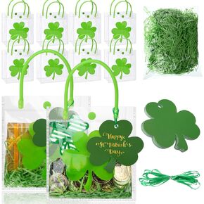 12 Pcs Clear St. Patrick's Day Gift Bag with Raffia Lucky Clover Tag Plastic St. Patrick's Day Party Favor Bag Shamrock Goodie Bag Clover Irish PVC Wrap Bag with Handle for Party Supplies