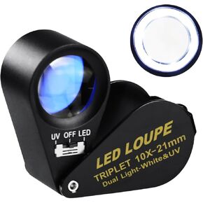 Illuminated Jewelers Loupe Magnifier, Foldable Jewelry Magnifier with 6 LED & UV Lights, Hastings Triplet Loupe 10X for Gems, Jewelry, Coins, Stamps, etc