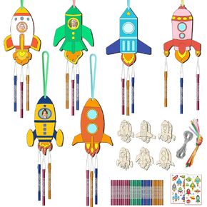 12PCS Rocket Wind Chime Kit for Kids Make Your Own Space Wooden Wind Chime DIY Coloring Wood Crafts Outer Space Crafts Ornaments for Boys Girls School Activities Party Decoration