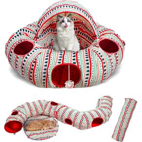 Cat Tunnels Bed for Indoor Cats-Donut Tubes, Adjustable Shape, Washable Circle Cushion, Pet Play Balls Toy and Holes, Red Atmosphere