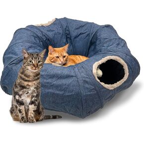 Cat Tunnel 3 Ways Play Tunnel, Durable Cationic Fabric Collapsible Breathable Cat Tube with Rest Mat, All Season O S C Shape Cat Play Tunnel Toys for Indoor Kittens and Large Cats (Blue)
