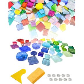 1.01LB Assorted Colors Irregular Crystal Glass Mosaic Tiles and Tools Set, DIY Making Creative Ceramic Mosaic Tiles for Art DIY Craft Plates Flowerpots Vases Cups Mosaic Making Supplies