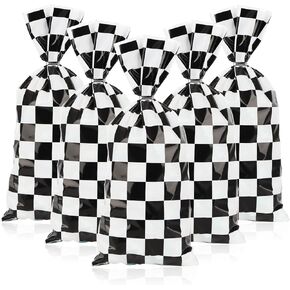 Mikzhskr 30Pcs Race Car Party Favors Bag Black and White Checkered Racing Treat Candy Bag Goodie Bag Soccer Theme Cellophane Bags with 30Pcs Silver Twist Ties for Cars Birthday Party Supplies