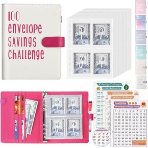 ONEDONE 100 Envelopes Money Saving Challenge Binder A5 Savings Challenges Book with Cash Envelopes and Erasable Marker for Cash Saving Money Saving Binder to Save $5,050, 10,000, 500 Hot Pink