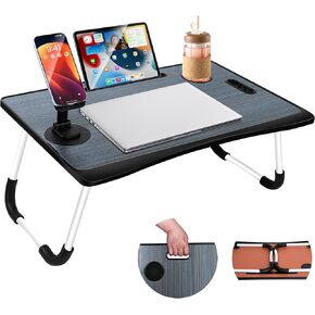 Lap Desk for Bed and Couch, 4-in-1 Foldable Laptop Desk with Cup Holder, Portable and Lightweight for Bed Breakfast, Working, Reading, and Writing with Lifting Handle-Black