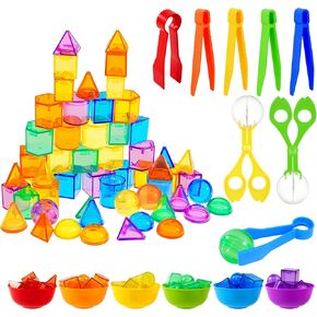 Bbiamsleep 76 Pcs Counting Geometric Solids Colorful Plastic Geometric Shapes Light Table Manipulative Counting Sorting Sensory Bin Filler for Light Table Sorting Counting Training