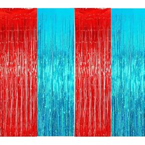 Dr Cat in The Hat Birthday Party Decorations/Thing 1 Thing 2 Party Decorations Dr. Baby Shower Decorations/Nurse Graduation Deorations/Blue Red Fringe Foil Curtains 4pcs