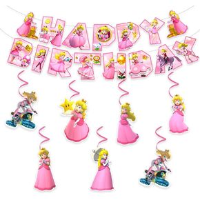 13Packs Princess Peach party supplies Include 12 pcs Hanging Swirls and 1 Happy Birthday Banner for Princess Peach party Decoration