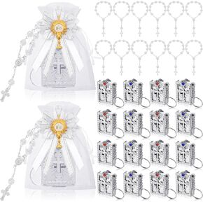 Tondiamo 48 Pcs 12 Set Mini Bible Keychain Bulk Bible Christian Gift Favors Mini Rosary with Decorated Bow Organza Bags for First Communion Baptism Wedding Favor Religious Church Gift