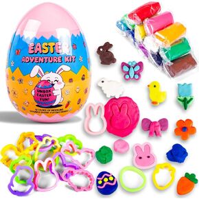 Easter Basket Stuffers for Kids, 12 Colors Modeling Dough & 12 Easter-Shaped Cutters in 6-Inch Egg, Easter Non-Candy Treat Bag Fillers, Giveaways & Easter Gift for Kids