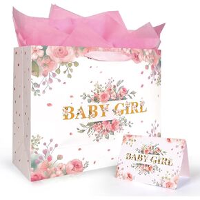 13'' Large Pink Floral Gift Bag for Baby Girl - Includes Wrapping Paper, Pink Tissue Paper, and Card for Newborn Gifts, Showers, Birthdays, and Celebrations
