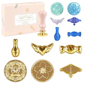 5pcs Wax Seal Stamp Kit, Sealing with Wooden Handle and Brass Head for Wedding Invitations Cards Envelopes Gift Packing (Hearts, Cupid's Arrow, Wine Bottle, Butterfly Shape)