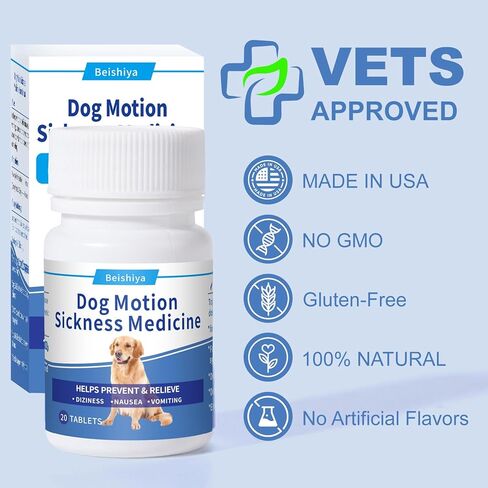 Anti Car Sickness for Dogs, 20 Tablets, Dog Motion Sickness Medicine to Relieve Nausea, Vomiting, Drooling, Working Quickly Motion Sickness for Dogs, Effective for About 24 Hours in Kuwait