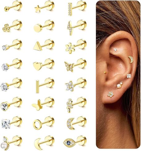 Thunaraz 24 قطعة من الأقراط الجراحية الفولاذية للنساء والرجال 20 جرام أقراط غضروفية صغيرة مسمار صغير ثعبان القمر نجمة فراشة زهرة هيبوالرجينيك برغي مسطح الظهر أقراط ثقب المجوهرات in Kuwait