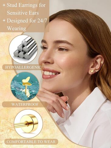 Thunaraz 24 قطعة من الأقراط الجراحية الفولاذية للنساء والرجال 20 جرام أقراط غضروفية صغيرة مسمار صغير ثعبان القمر نجمة فراشة زهرة هيبوالرجينيك برغي مسطح الظهر أقراط ثقب المجوهرات in Kuwait