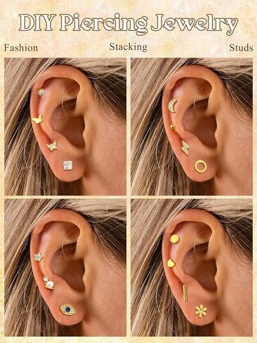 Thunaraz 24 قطعة من الأقراط الجراحية الفولاذية للنساء والرجال 20 جرام أقراط غضروفية صغيرة مسمار صغير ثعبان القمر نجمة فراشة زهرة هيبوالرجينيك برغي مسطح الظهر أقراط ثقب المجوهرات in Kuwait