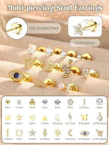 Thunaraz 24 قطعة من الأقراط الجراحية الفولاذية للنساء والرجال 20 جرام أقراط غضروفية صغيرة مسمار صغير ثعبان القمر نجمة فراشة زهرة هيبوالرجينيك برغي مسطح الظهر أقراط ثقب المجوهرات in Kuwait