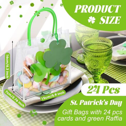 24 PCS Clear St. Patrick's Day Gift With Raffia Lucky Clover Tag Tag Plastic St. Patrick's Day Party Bag Bag Shamrock Goodie Bag Clover Irish PVC Wrap with مع مقبض لمستلزمات الحفلات in Kuwait