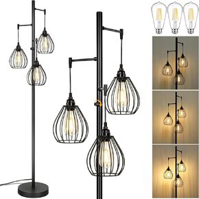 Dimmable Floor Lamp, 3 x 800LM LED Edison Bulbs Included, Farmhouse Industrial Tree Standing Tall Lamp with 3 Elegant Teardrop Cage Heads, Black Rustic Vintage Pole Lamp for Living Room Bedroom Office