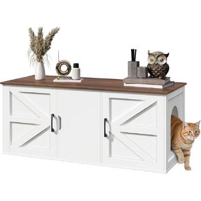 Cat Litter Box Enclosure for 2 Cats, 47.2" Hidden Litter Box Furniture with Storage Cabinet, Wooden Cat Washroom Furniture with Double Room, Indoor Cat House TV Stand, White CWZW2201