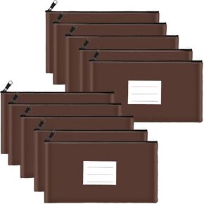 10-Pack Bank Deposit Money Bags with Zipper, PU Leather Cash Pouches with Label, 11.2 x 6.1 Inches, for Coins, Cosmetics, Bills, Tools, Brown