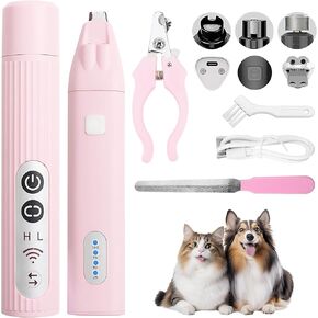 Dog Grooming Kit, Electric Dog Nail Trimmers, Adjustable Direction Dog Nail Grinder with 3 Ports, Low Noise Dog Nail Clippers with Light, Pet Shaver for Small and Large Dogs Cats