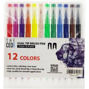 THE CEO Colored Pens Dual Brush Markers - 12 Vibrant Water-Based Markers for Bold, Smooth Creations - Drawing Pens with Precision Tips for Versatile Artwork - Ideal for Artists, Students & More
