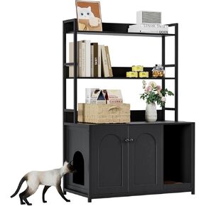 Large Litter Box Enclosure with Shelves and Doors, 52'' Litter Box Bookshelf Cat Box Furniture for Most of Litter Box Hidden Kitty Cat Litter Box Enclosure Cabinet with Scratch Pad Black