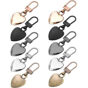 10 PCS Heart Shaped Zipper Pull Replacement, 1.6 Inch Zipper Pull Charm Detachable Metal Zipper Pulls Tabs Zipper Lock for Jackets Backpacks Coats Pants Suitcase Purse Luggage Fasteners (5 Color)