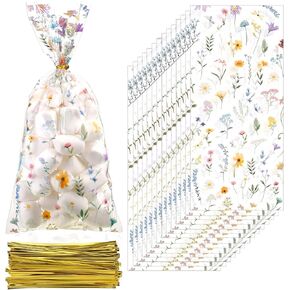 Sweetude 100 Pcs Wildflower Party Cellophane Treat Bags Floral Candy Plastic Clear Goody Bags Flat Bottom Gift supplies for Baby Shower Bridal Shower Birthday Wedding Party Favors,11"x 5"